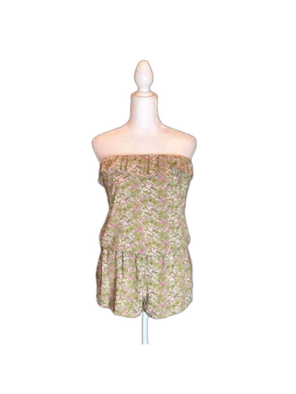 POETRY Clothing Green & Pink Floral Print Strapless Romper, Size S